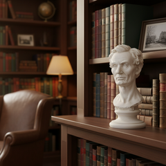 Bust of a famous person on a bookshelf in a library setting with books and a chair.