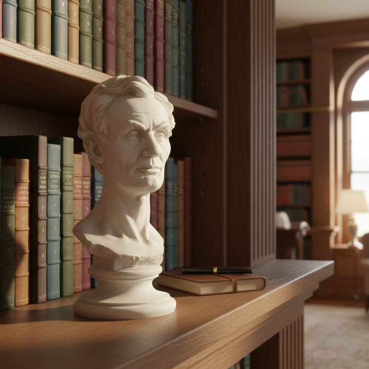 Bust of a historical figure on a bookshelf in a library setting
