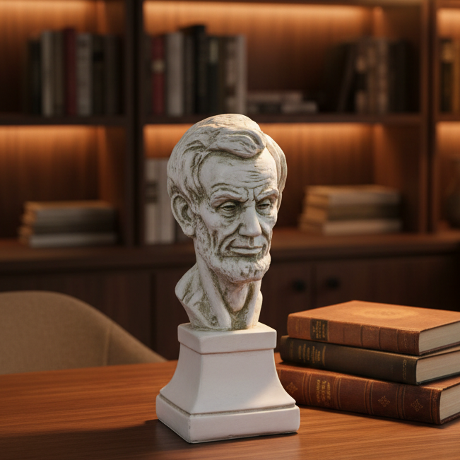 Lincoln Bust Sculpture Bust of a man on a wooden table with books and a lamp in the background