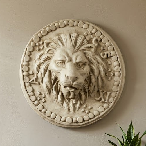 Decorative lion head wall art above a wooden console table with a plant and small items.