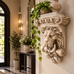 A decorative stone lion-head wall bracket mounted on a cream interior wall, styled with potted greenery and a vase. The background shows a softly blurred entryway with a table, sconces, mirror, and arched doorway.