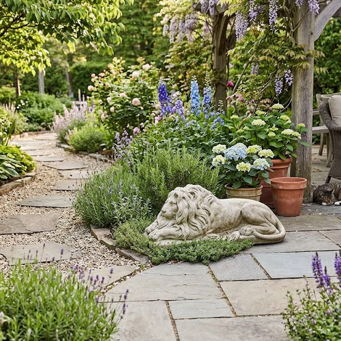Garden scene with stone pathway, lion statue, and various plants