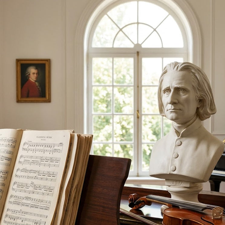 Piano with sheet music, violin, white gloves, and bust of a composer in a classical room.