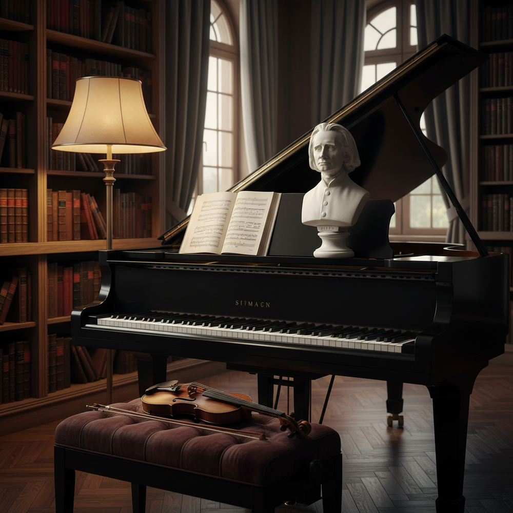 Liszt Small Bust Sculpture Grand piano in a room with bookshelves and a bust of a famous composer.