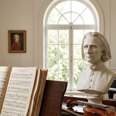 Piano with sheet music, violin, white gloves, and bust of a composer in a classical room.