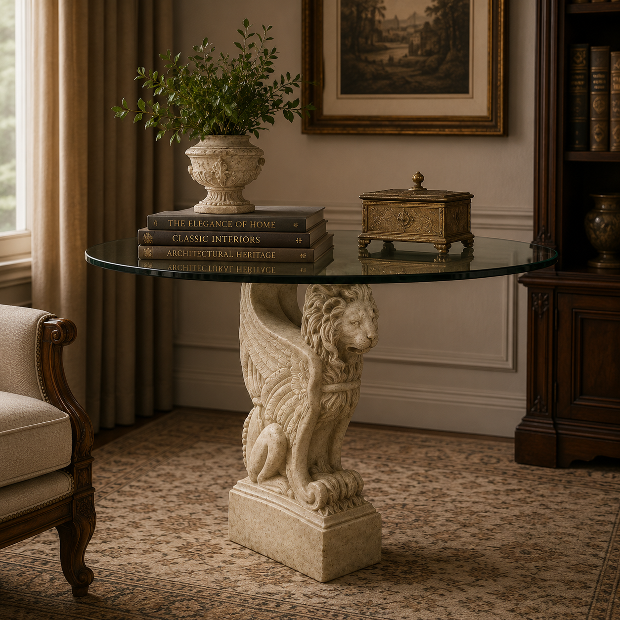 A round glass-top side table with a sculpted stone lion and winged figure pedestal base, styled in a warm, traditional room with books, a plant, and a small decorative box.