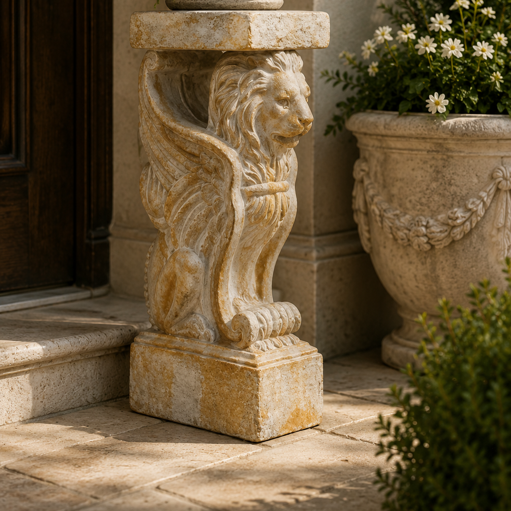 A decorative stone lion-and-potter pedestal stand holding a large green planter, placed on a stone porch beside a dark wooden door and another flower pot.