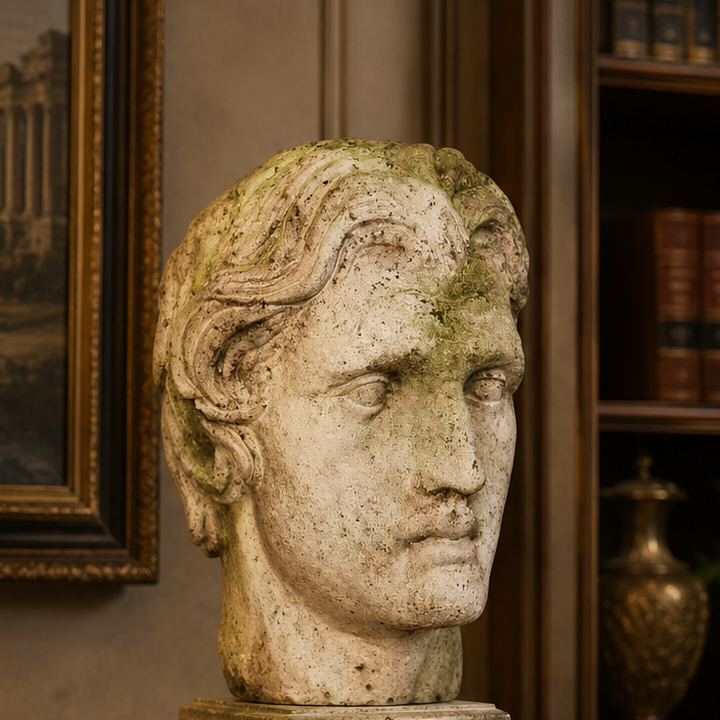 A classical-style stone bust sculpture of a man's head on a pedestal, displayed on an ornate wooden table in a vintage, elegant room with a lamp, books, and a bookshelf in the background.