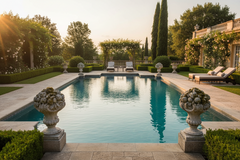 Luxurious pool area with chairs, decorative urns, and a well-manicured garden.