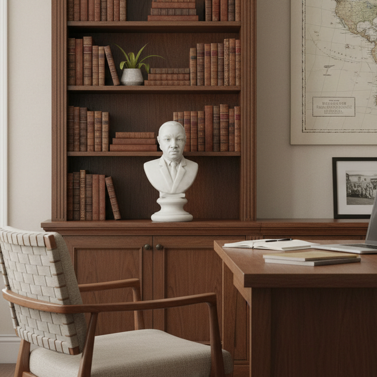 Home office with wooden desk, chair, bookshelf, and world map