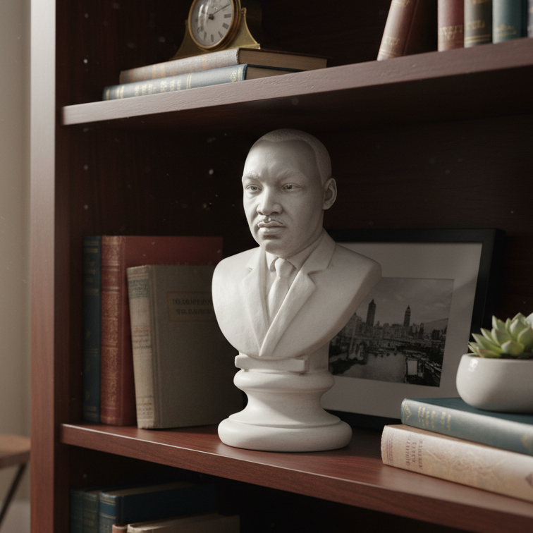 Martin Luther King Jr. Bust (Antique Stone) Bust of a man on a bookshelf with books and decor in a room with a window.