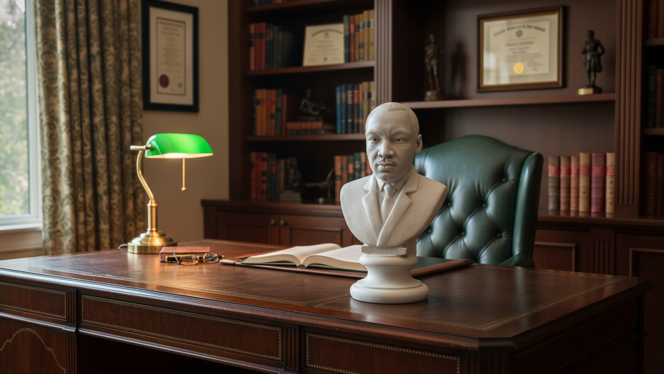 Bust of a man on a desk in an office setting with books and a lamp.