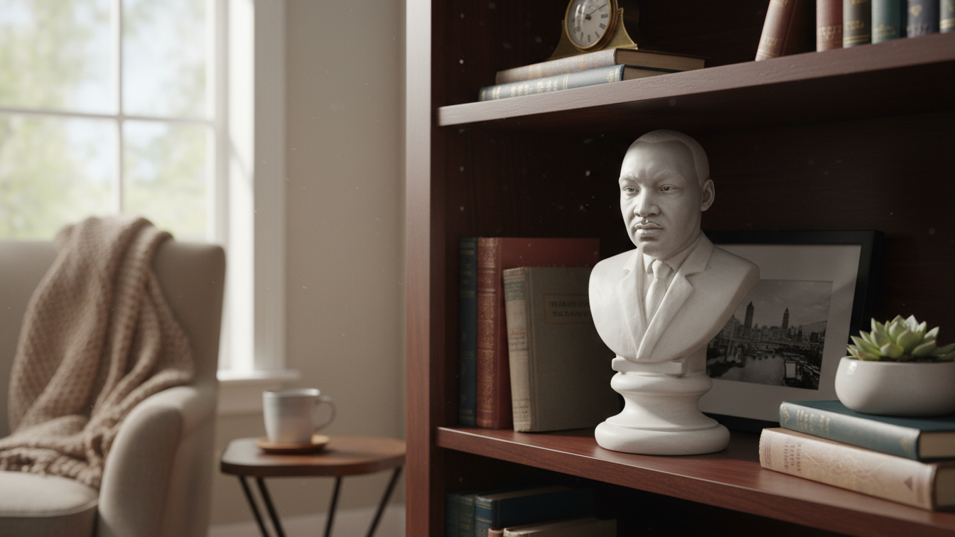 Martin Luther King Jr. Bust Statue Sculpture  Bust of a man on a bookshelf with books and decor in a room with a window.