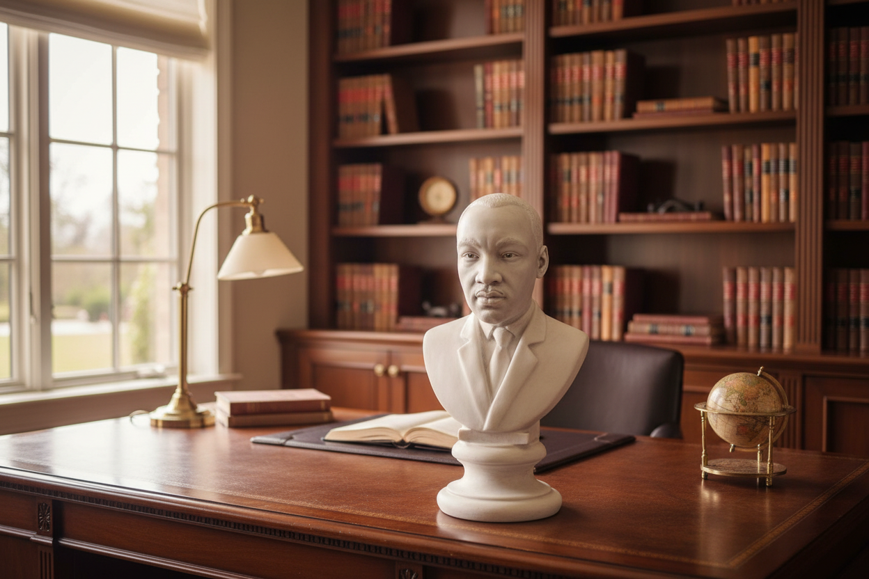 Martin Luther King Jr. Bust Statue Sculpture Bust of a historical figure on a desk in a room with bookshelves and a window.