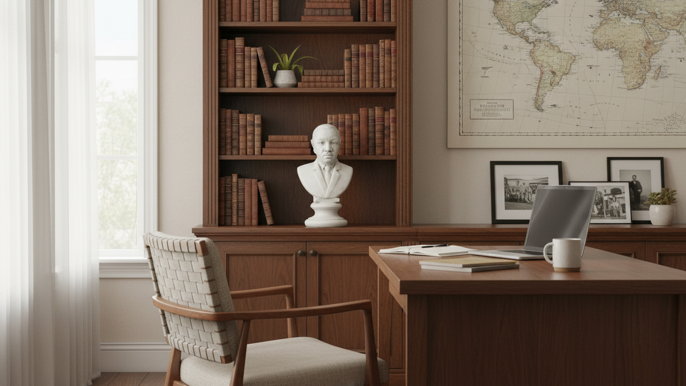 Home office with wooden desk, chair, bookshelf, and world map