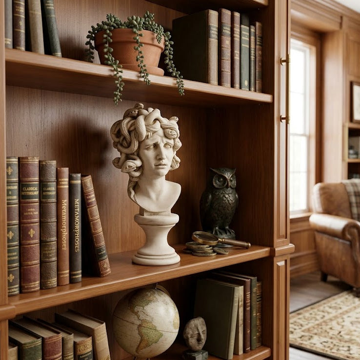 Wooden bookshelf with decorative items in a cozy room with a chair and windows.