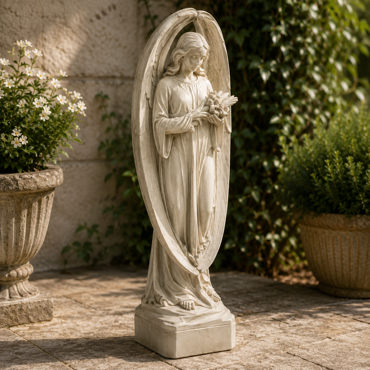 Statue of an angel holding flowers in a garden setting