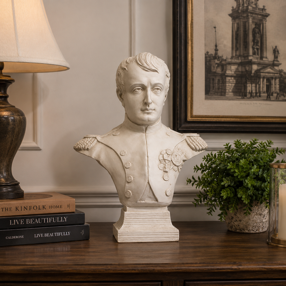 Bust of a man on a wooden surface with books and decor items