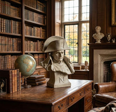 Bust of a soldier on a wooden desk in a room with bookshelves and a fireplace.