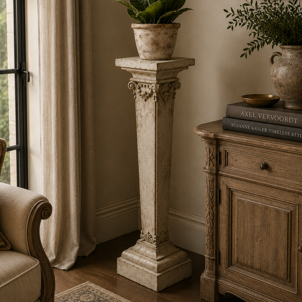 Nestled corner of a room with a plant on a pedestal, books on a wooden cabinet, and a window with curtains.