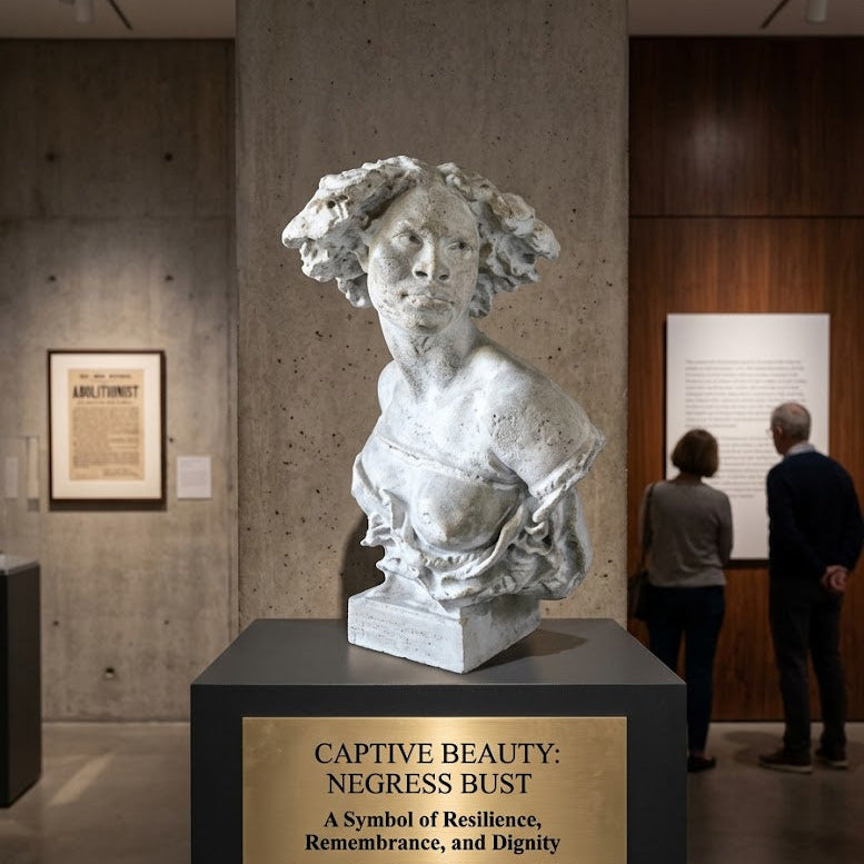 Bust sculpture titled 'Captive Beauty: Negress Bust' in a museum setting with visitors observing.
