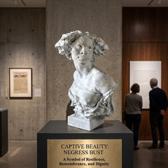 Bust sculpture titled 'Captive Beauty: Negress Bust' in a museum setting with visitors observing.
