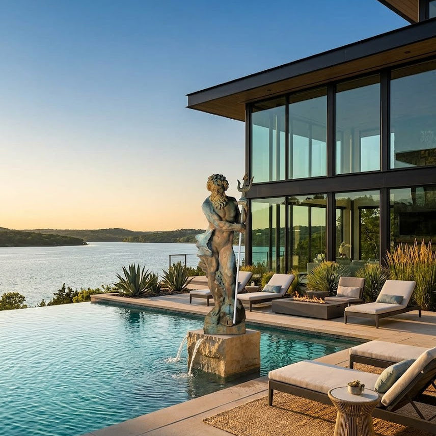 Modern house with a pool, statue, and outdoor seating area overlooking a lake.