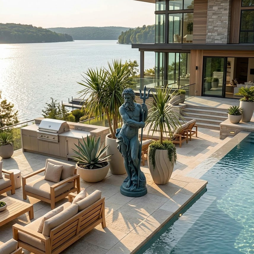 Outdoor patio area with pool, furniture, and statue overlooking a lake.