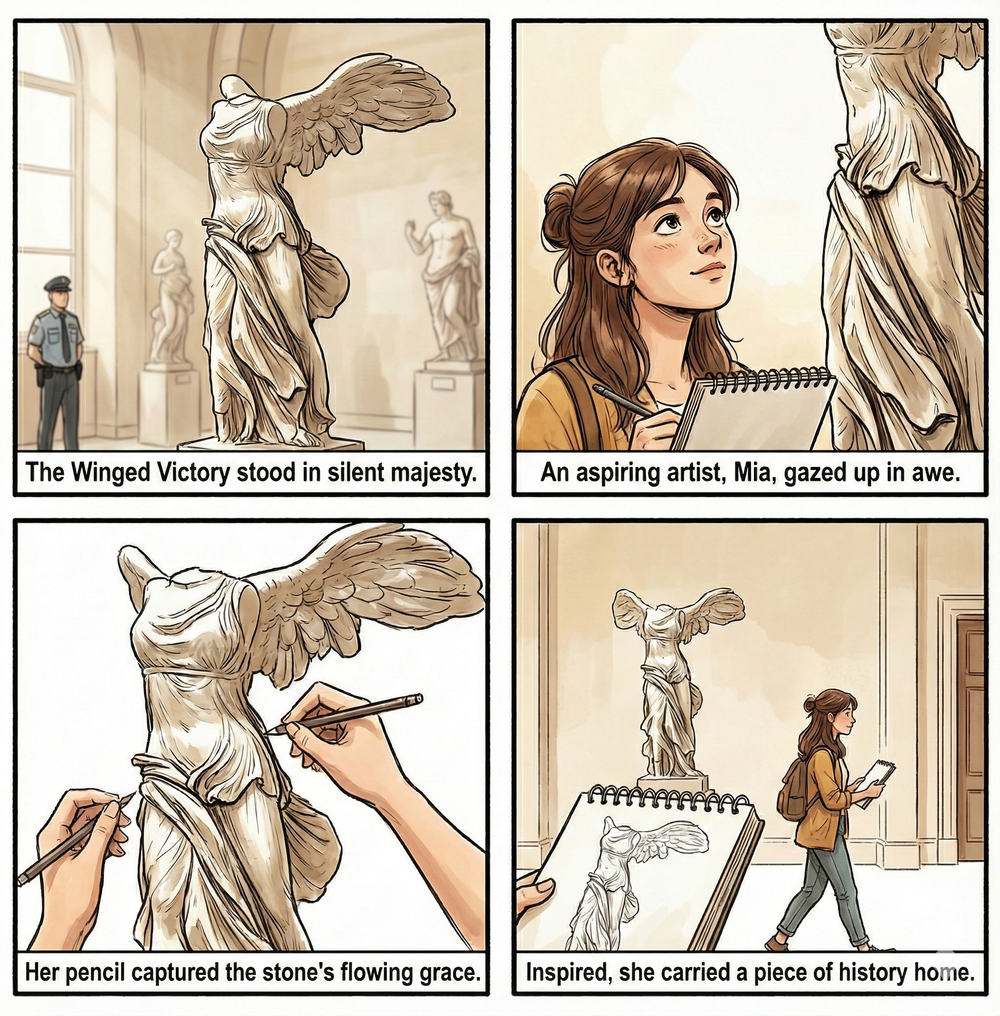 Nike Comic strip of an artist drawing a statue in a museum.