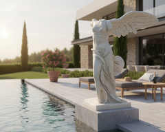 Statue by a pool with a modern house in the background