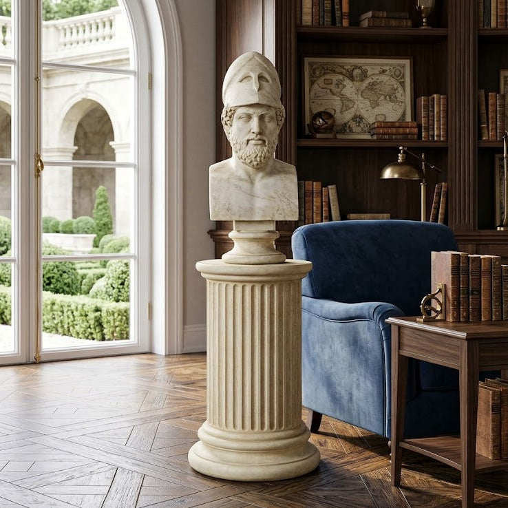 Bust on a pedestal in a room with bookshelves and a blue armchair