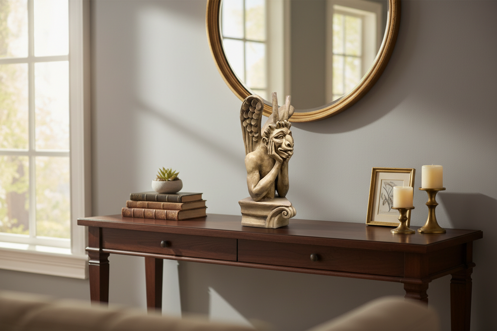 Statue of a winged creature with its hand on its face against a white background