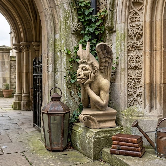 Decorative stone statue with a lantern and books in front of a stone building with architectural details.