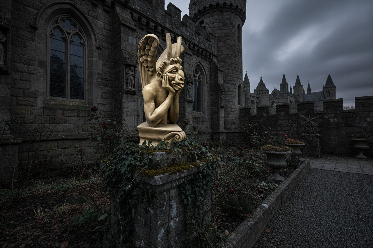 Statue of a winged creature in front of a castle with a dark, moody sky.
