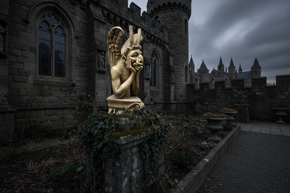 Statue of a winged creature in front of a castle with a dark, moody sky.