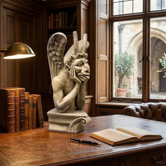 Statue of a winged creature on a wooden desk with books and a lamp, large window in the background.