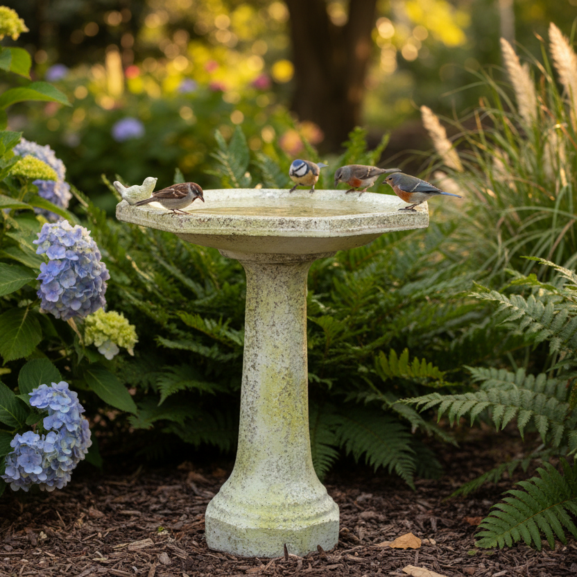 Bird bath in a garden with flowers and plants