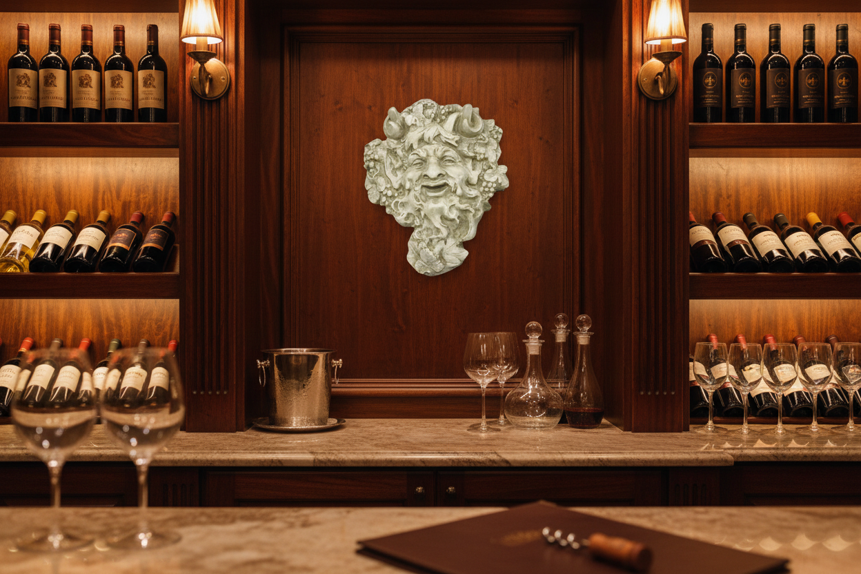 Wine bar with wine bottles, glasses, and a decorative wall piece.