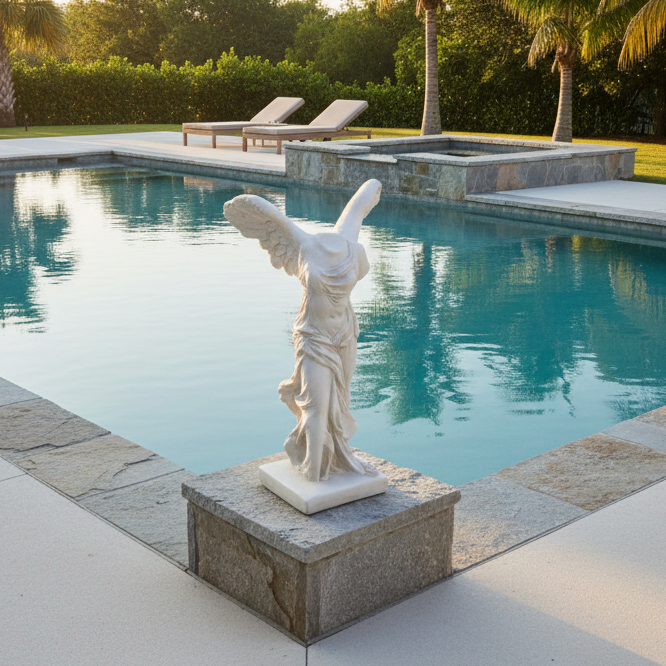Statue by a pool with palm trees in the background