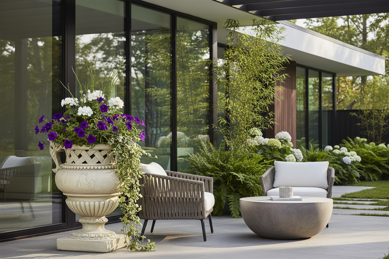 Modern outdoor patio with furniture and decorative plants in a residential setting