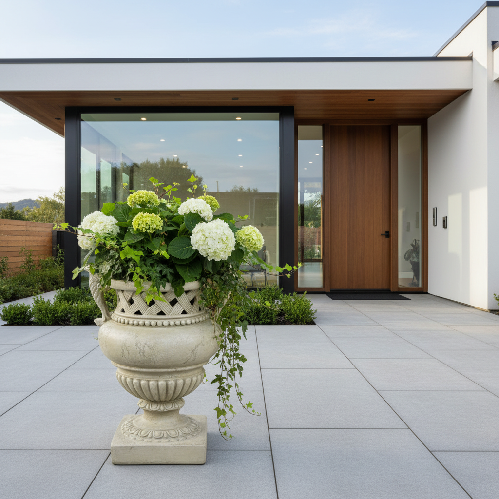 Decorative urn with flowers in front of a modern house