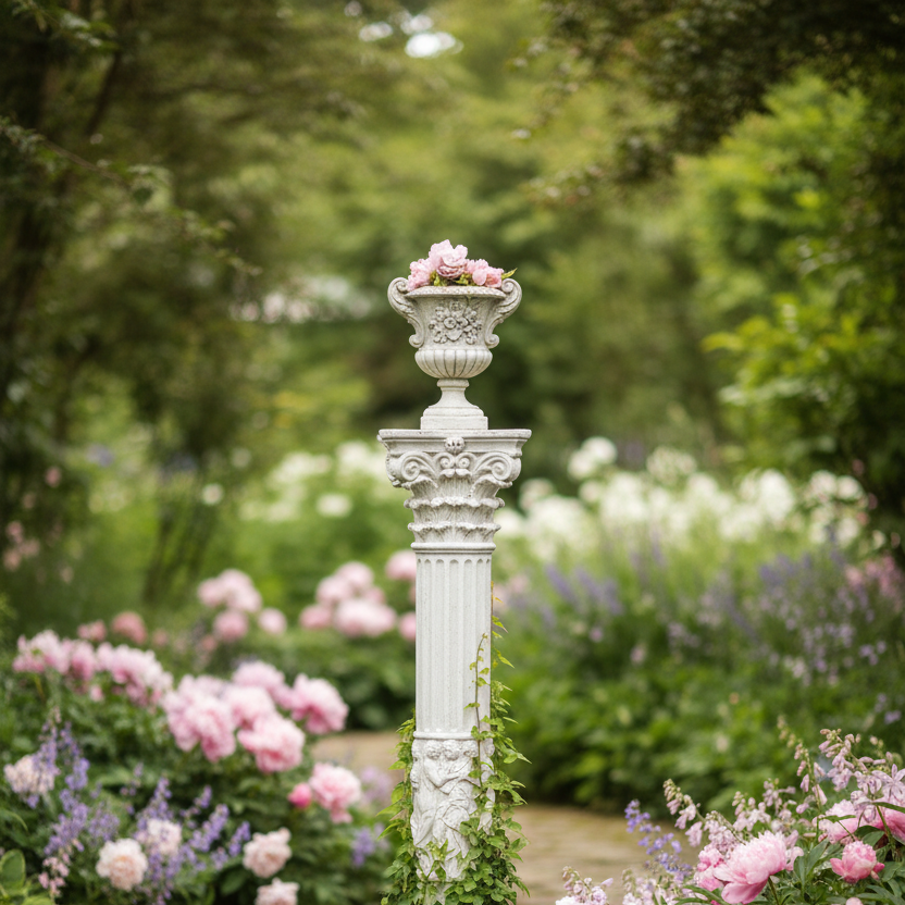 Decorative garden column with flowers on a stone path in a lush garden setting