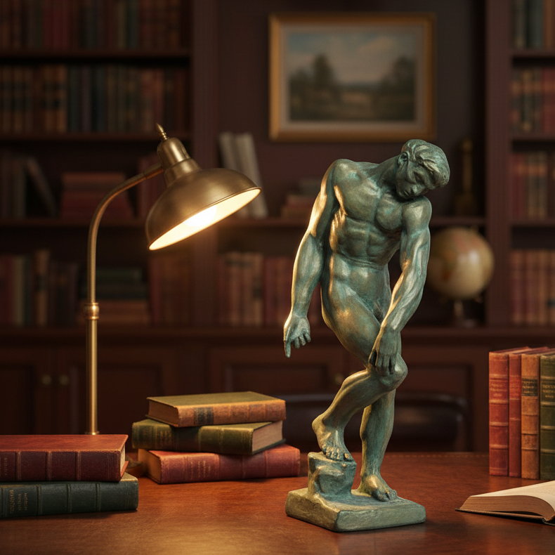 Statue of a thinker on a desk with books and a lamp in a library setting