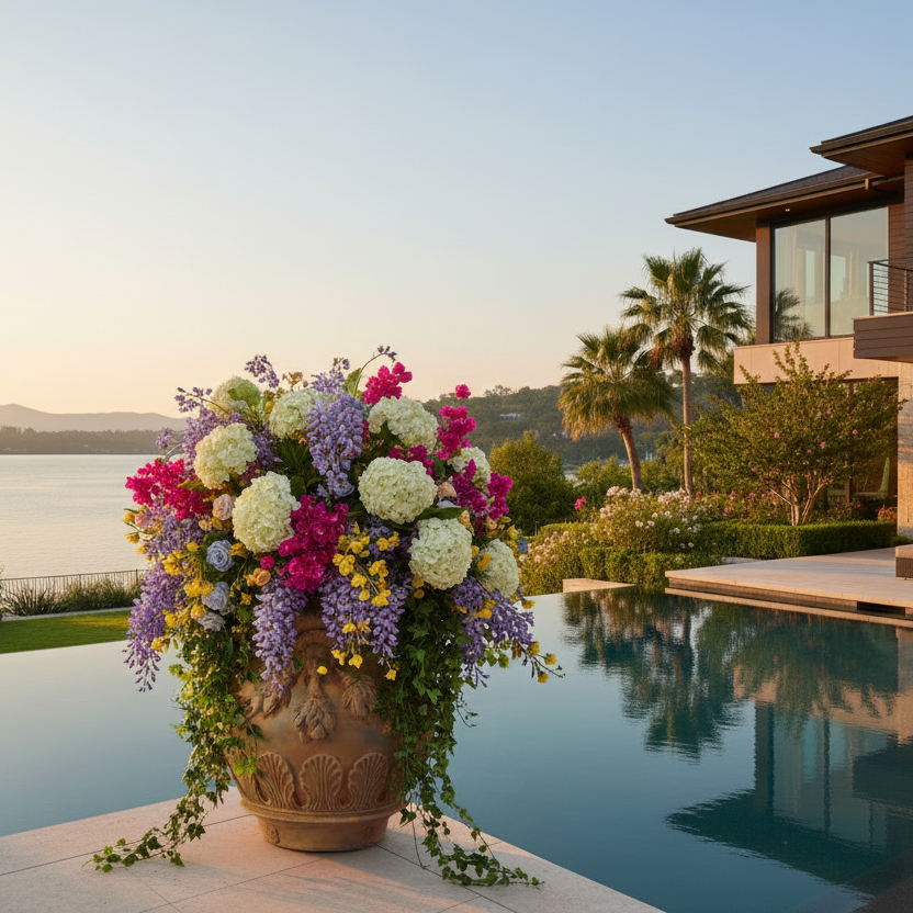 Floral arrangement in a pot by a pool with a house and palm trees in the background