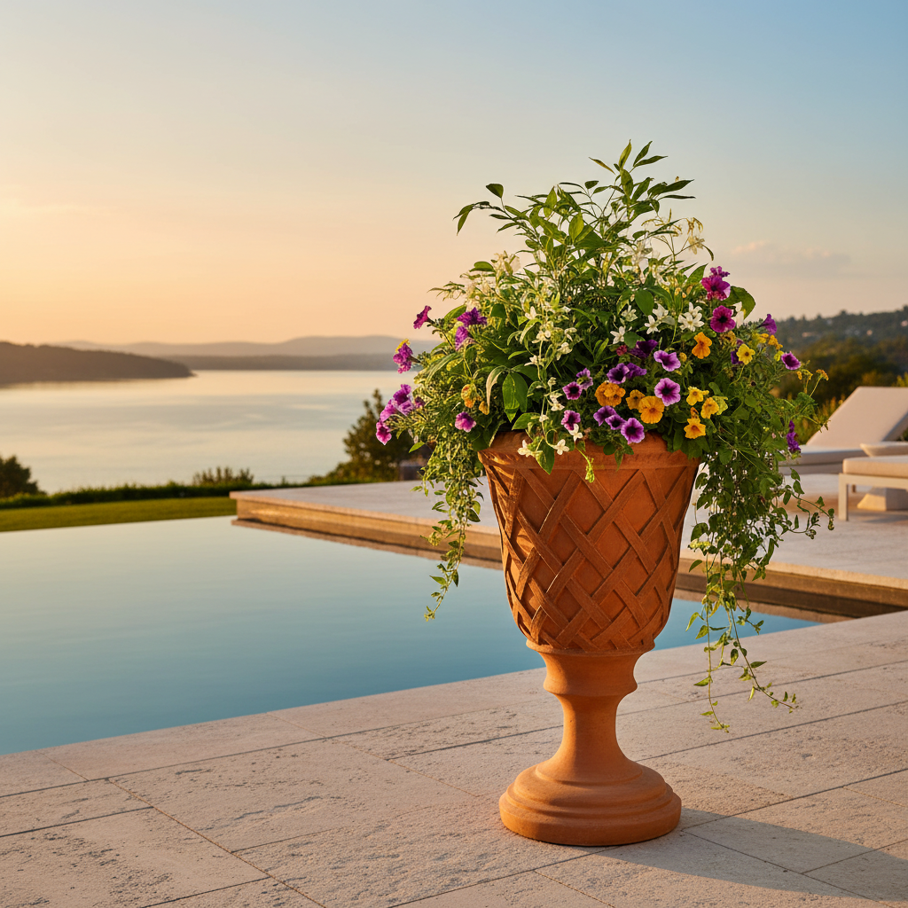 Decorative urn with flowers by a poolside at sunset