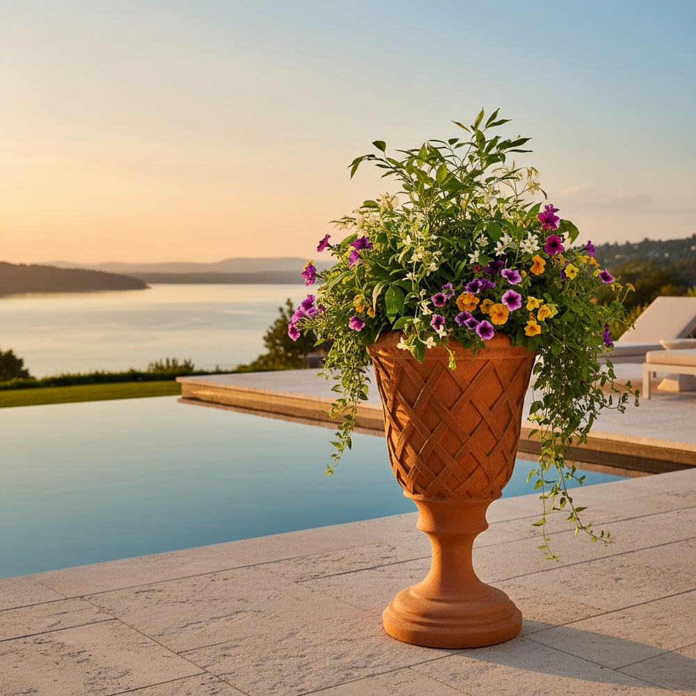 Decorative urn with flowers by a poolside at sunset