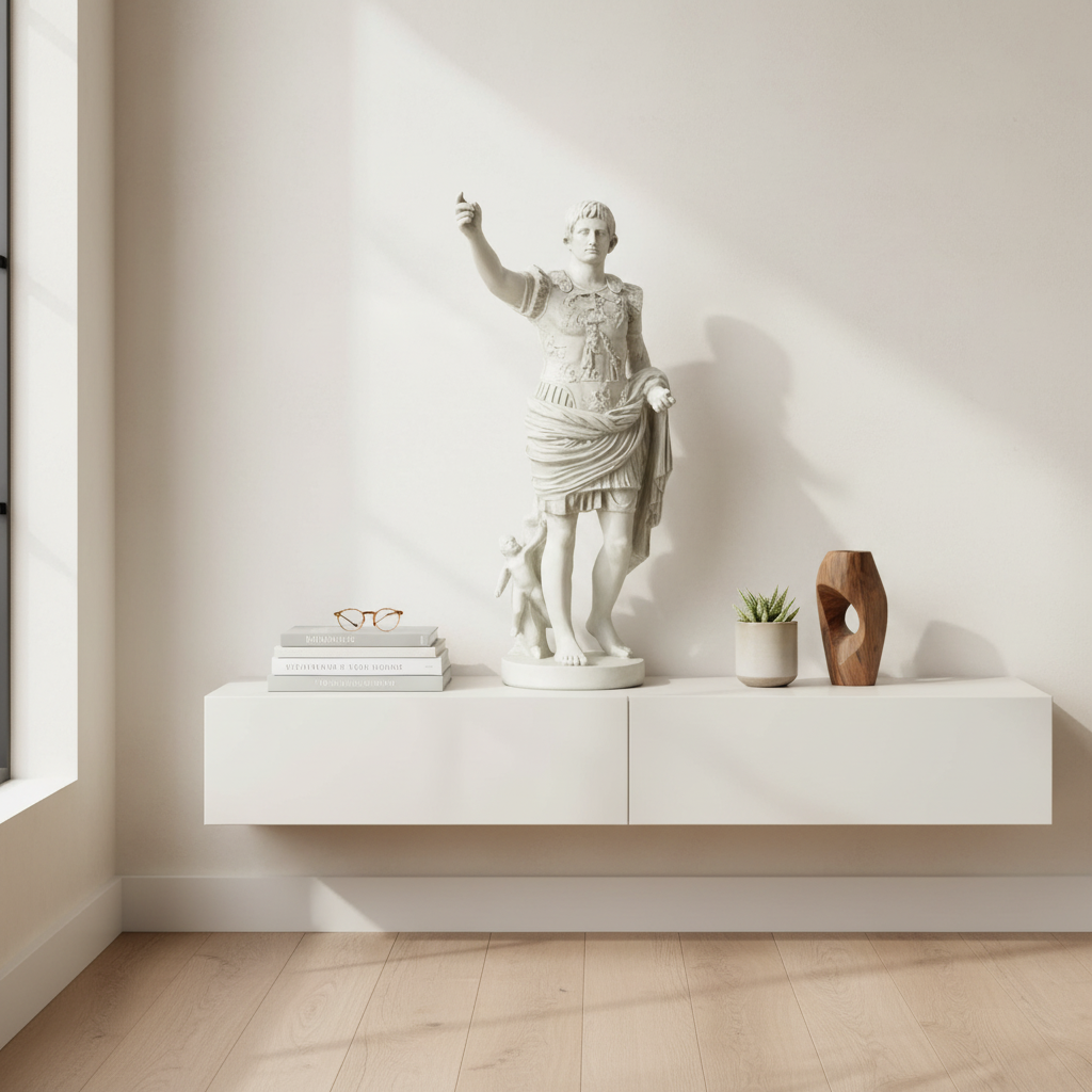 Statue on a white console table with decor items in a minimalistic room Augustus Caesar 