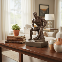 Bronze sculpture of a muscular figure on a wooden table with books and decorative items.