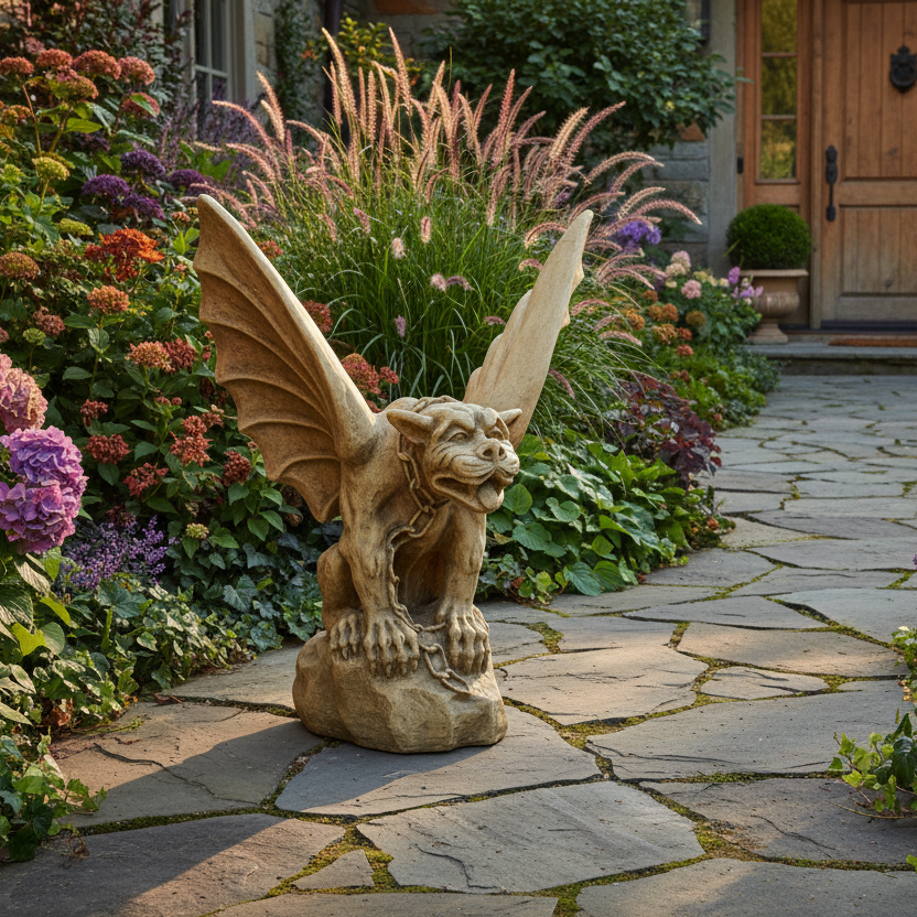 Gargoyle statue on a stone pathway with flowers and plants