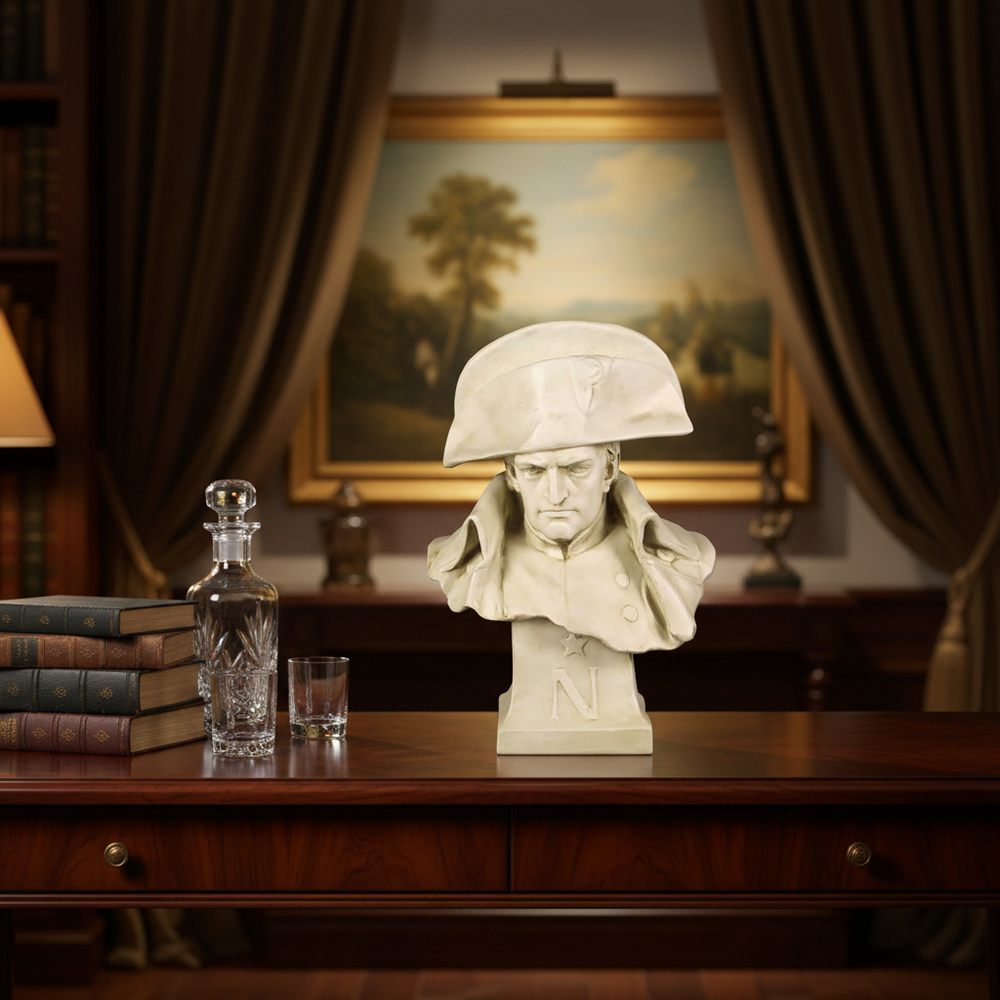 Bust of a military figure on a wooden table with books and decanter in a room with curtains and painting.